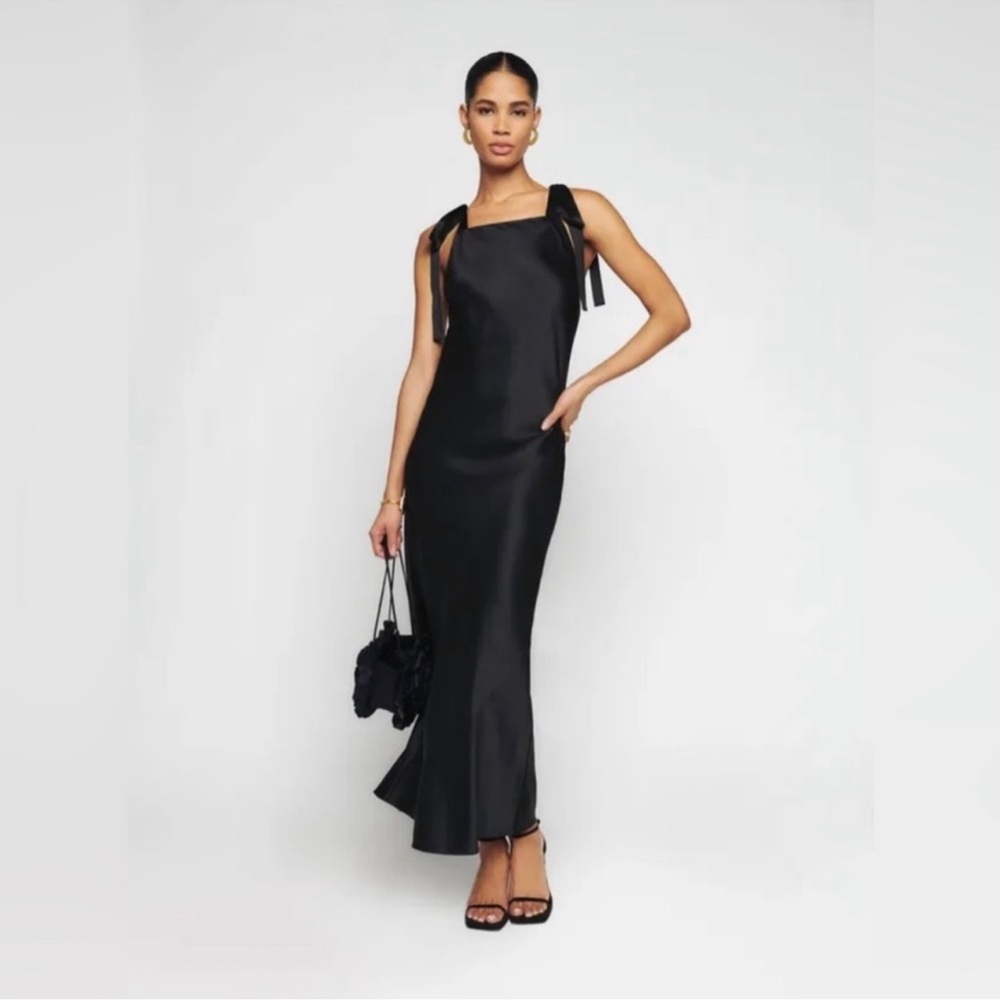 Reformation Aden black 100% silk midi dress size small tie straps